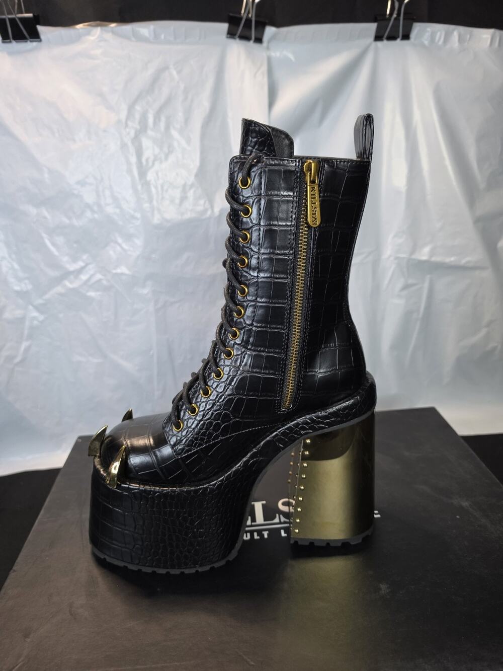 Killstar Platform Faux Crocodile Gothic Black Gold Acc Boots Size 6 Dolls Kill